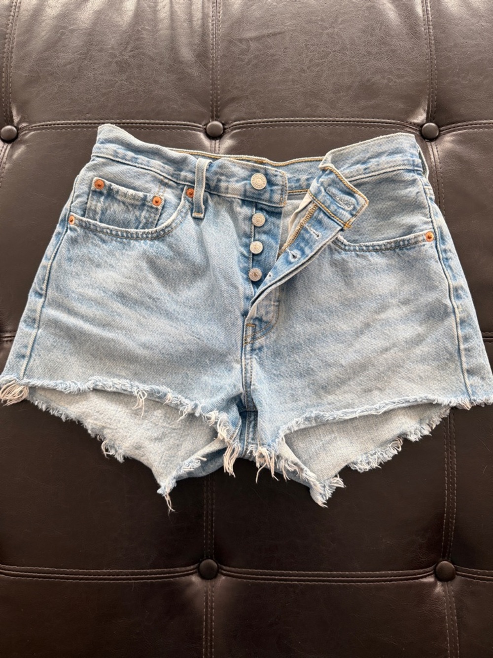Levi's Light Blue High-Rise Frayed Denim Shorts